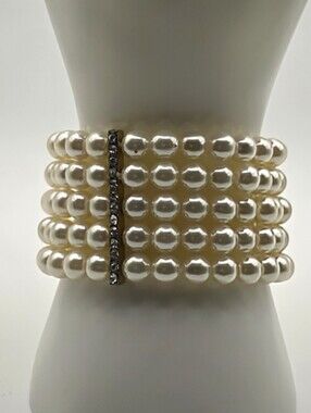 Elegant Faux Pearl Stretch Cuff Bracelet Rhinestone Accent Statement Bracelet